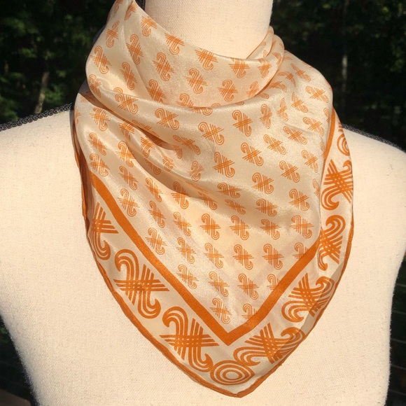 Vintage Cream and Orange 100% Silk Scarf - Picture 3 of 6